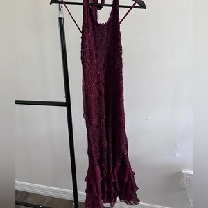 SueWong Beaded Fringe Tasseled Swing Dress Red Crochet